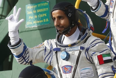 Hazza Al Mansouri wears Russia's Sokol suit as he boards Soyuz MS-15 before its blasts off for the ISS, on September 25, 2019. Maxim Shipenkov / AFP