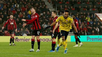 Pierre-Emerick Aubameyang celebrates after scoring Arsenal's equalising goal against Bournemouth. PA
