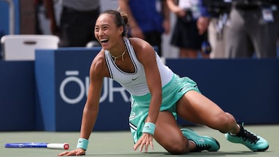 NEW YORK, NEW YORK - SEPTEMBER 05: Qinwen Zheng of China reacts after defeating Madison Keys of the United States during their Women's Singles Third Round match on Day Seven of the 2026 US Open at USTA Billie Jean King National Tennis Center on September 05, 2026 in the Flushing neighborhood of the Queens borough of New York City. Al Bello / Getty Images / AFP (Photo by AL BELLO / GETTY IMAGES NORTH AMERICA / Getty Images via AFP)