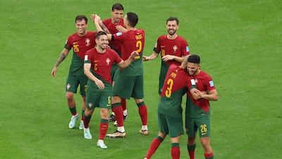 LUSAIL CITY, QATAR - DECEMBER 06: Goncalo Ramos of Portugal celebrates after scoring the team's fifth goal and their hat trick during the FIFA World Cup Qatar 2022 Round of 16 match between Portugal and Switzerland at Lusail Stadium on December 06, 2022 in Lusail City, Qatar. (Photo by Alex Pantling / Getty Images)