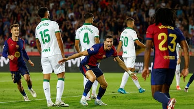 Barcelona's Robert Lewandowski celebrates scoring the only goal in a 1-0 win over Getafe. EPA