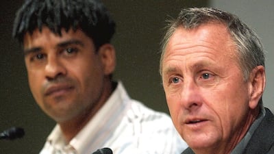 A file picture dated 15 November 2004 of Dutch soccer legend Johan Cruyff (R) and FC Barcelona’s Dutch coach Frank Rijkaard (L) during a press conference in Barcelona, Spain. Johan Cruyff died of cancer at the age of 68, his official website announced on 24 March 2016. EPA/ALBERT OLIVE
