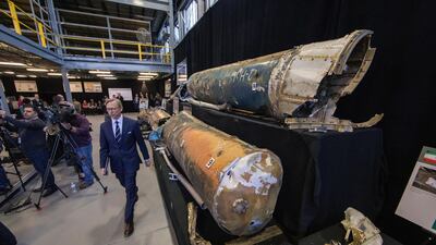 US Special Representative for Iran, Brian Hook, presents Iranian weaponry recovered from the battlefield, at Joint Base Anacostia-Bolling in Washington. Erik S Lesser / EPA