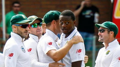Kagiso Rabada, second right, was man of the match in South Africa’s series-levelling six-wicket victory in the second Test at Port Elizabeth. Michael Sheehan / AP Photo
