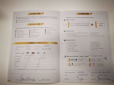 The fake contract that Canadian expat Wei Choon Yean signed, shows he paid Dh28,000 for an 'Emerald' holiday package. Photo: Wei Choon Yean