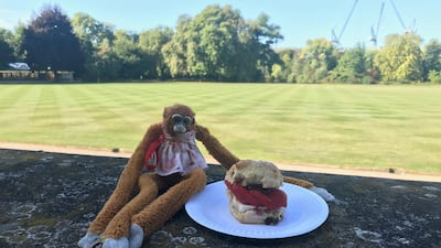 Harriet enjoying a scone at Buckingham Palace. Courtesy Royal Collection Trust / © Her Majesty Queen Elizabeth II 2019.