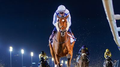 Mickael Barzalona and Mimi Kakushi won the UAE 1000 Guineas at the Dubai World Cup Carnival’s third meeting at Meydan on Friday, January 20, 2023. Photo: Adiyat Racing Plus
