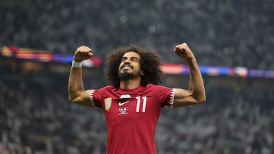 Qatar's Akram Afif celebrates scoring his second goal against Jordan in Saturday's Asian Cup final at Lusail Stadium, Qatar. Getty