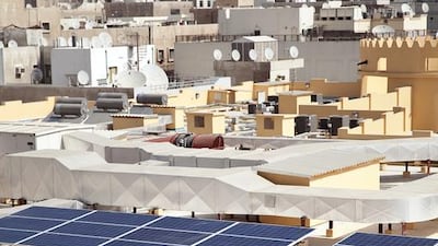Solar installation on the roof of the new Al Fahidi Souk in Dubai. The permanent installation is comprised of 139 panels, of which 34 feed the power into OPZv gel batteries to store for the souk, will feed power into the SEWA grid. Silvia Razgova / The National