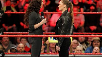 Ronda Rousey, right, faces Stephanie McMahon, left, as part of the mixed tag match on Sunday at WrestleMania 34. Image courtesy of WWE.