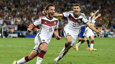 Germany's Mario Gotze, left, celebrates near teammate Thomas Mueller after scoring a goal during extra time in their 2014 World Cup final against Argentina at the Maracana. Dylan Martinez / Reuters