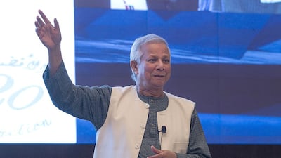 Nobel Peace laureate Muhammad Yunus speaks in Abu Dhabi this week. Mona Al Marzooqi / The National