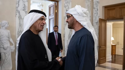 Sheikh Mohamed speaks with Sheikh Saud bin Saqr Al Qasimi, Ruler of Ras Al Khaimah, before attending the Saint Petersburg International Economic Forum 2023. Photo: Hamad Al Kaabi / UAE Presidential Court