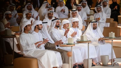 From left, Sheikh Zayed bin Hamed; Sheikh Zayed bin Saif; Sheikh Nahyan bin Mubarak, Minister of Tolerance and Coexistence; Sheikh Saif bin Zayed, Deputy Prime Minister and Minister of Interior; Sheikh Khalifa bin Saif; Sheikh Zayed bin Ahmed; and Abdullah Saleh bin Badowah attend the lecture