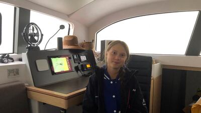 Greta Thunberg, a 16-year-old climate activist from Sweden, sits on a catamaran docked in Hampton, Va., on Tuesday, November 12, 2019. AP