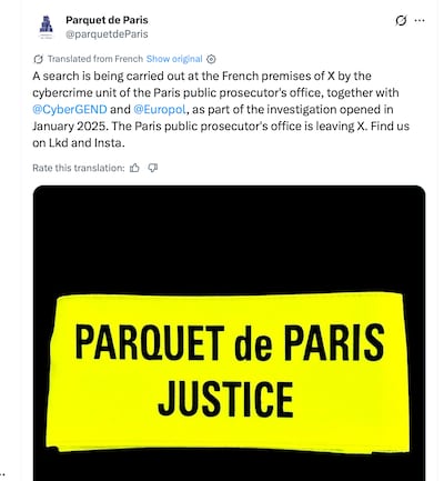 Law enforcement in Paris carried out a search in the offices of Elon Musk's X social platform.