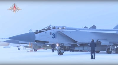 A MiG-31K fighter fitted with Kinzhal hypersonic missiles. EPA