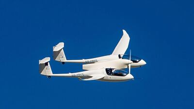 HY4 flies in clear skies during its world premiere above the airport. Christoph Schmidt / EPA