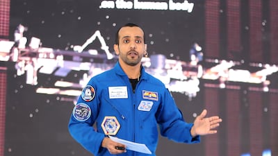 UAE astronaut Hazza Al Mansouri speaking during the UAE in Space event at the Museum of the Future in Dubai. Pawan Singh / The National