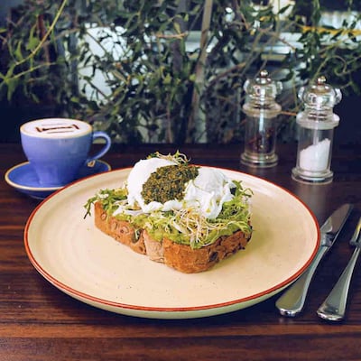 Hey Pesto at Jones the Grocer comprises smashed avocados on multigrain toast with fresh herbs, poached eggs and basil pesto.