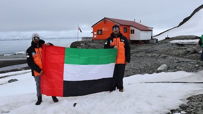 Ahmed Al Kaabi and Badr Al Ameri are collecting atmospheric data in Antarctica. Photo: Wam