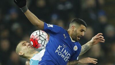 Newcastle United’s Aleksandar Mitrovic in action with Leicester City’s Riyad Mahrez. Action Images via Reuters / John Sibley