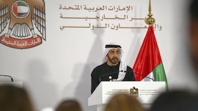 Sheikh Abdullah bin Zayed speaks at Ministry of Foreign Affairs and International Cooperation press conference. Khushnum Bhandari for The National