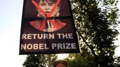 Demonstrators in Islamabad, Pakistan on September 8, 2017 added their voice to calls for Myanmar's Aung San Suu Kyi to be stripped of her Nobel Peace prize for her inaction over the persecution of Rohingya Muslims. in Islamabad, Pakistan September 8, 2017. Caren Firouz / Reuters