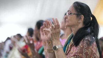 The shilanyas vidhi of the first traditional Hindu temple in the UAE is performed in the holy presence of His Holiness Mahant Swami Maharaj, the spiritual leader of BAPS Swaminarayan Sanstha.