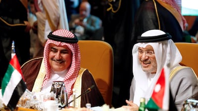 Minister of State for Foreign Affairs Anwar Gargash and Bahrain's Foreign Minister Khalid bin Ahmed Al Khalifa at the Arab League foreign ministers meeting in Riyadh on April 12, 2018. Faisal Al Nasser / Reuters