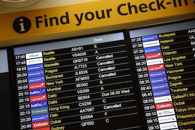Cancelled flights at Terminal 3 of London Heathrow airport. AFP