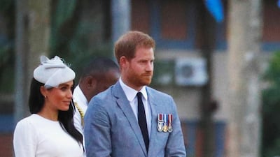 Meghan, Duchess of Sussex, wears Zimmerman and Tabitha Simmons shoes to an official welcome ceremony at Albert Park as they arrive in Suva, Fiji, on October 23, 2018. Reuters