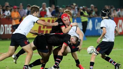 Players in action during the Gulf Under 19 boys cup final match between Dubai English Speaking College (black) vs Dubai College.