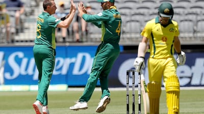 Dale Steyn, left, took two wickets and set the tone for South Africa's bowling attack in the win over Australia on Sunday. EPA