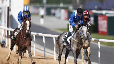 DUBAI, UNITED ARAB EMIRATES - MARCH 26: Dane O'Neill (2ndR) rides Af Mathmoon to victory in the Dubai Kahayla Classic Empowered By IPIC as part of the Dubai World Cup at Meydan Racecourse on March 26, 2016 in Dubai, United Arab Emirates. (Photo by Warren Little/Getty Images)