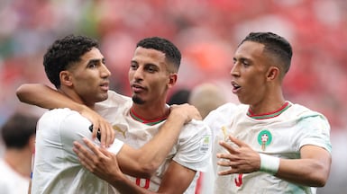 HOUSTON, TEXAS - JULY 04: Azzedine Ounahi #8 of Morocco celebrates with teammates Achraf Hakimi #2 and Soufiane Rahimi #9 after scoring his team's first goal during the FIFA World Cup 2026 Round of 16 match between Canada and Morocco at Houston Stadium on July 04, 2026 in Houston, Texas. Kevin C. Cox/Getty Images/AFP (Photo by Kevin C. Cox / GETTY IMAGES NORTH AMERICA / Getty Images via AFP)