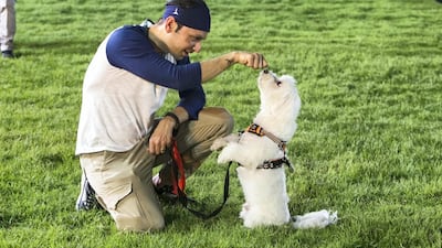 A pet owner bonds with his dog.