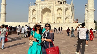 The National's Anjana Sankar, left, with her long-time friend Radhi Rajendran, enjoying a visit to the Taj Mahal in Agra before they both fell ill with the new Covid-19 subvariant.
