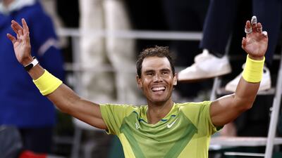 Rafael Nadal of Spain celebrates winning against Novak Djokovic of Serbia in their men's French Open quarter-final match at Roland Garros in Paris on Wednesday. EPA