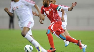 UAE coach Mahdi Ali has not been happy with the amount of preparation time Ismail Matar, centre, and his teammates have had prior to the start of the Gulf Cup of Nations.