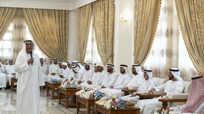 Sheikh Mohamed bin Zayed, Crown Prince of Abu Dhabi and Deputy Supreme Commander of the UAE Armed Forces (2nd R) attends a lunch reception hosted by Mohamed Bakheet Al Ketbi (L). Mohamed Al Hammadi / Crown Prince Court - Abu Dhabi