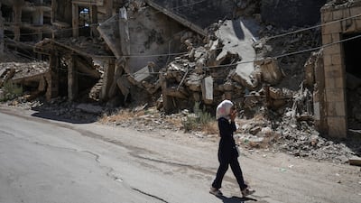 Destroyed buildings line a street in the Syrian town of Al Zabadani in rural Damascus on August 12, 2026. Photo: Ahmad Fallaha / The National