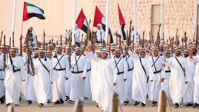 Hamad Al Ameri sings during the Union March, during the Sheikh Zayed Heritage Festival. Rashed Al Mansoori / Crown Prince Court - Abu Dhabi