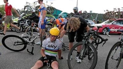 Team Sky rider Mark Cavendish was caught up in the tangle of riders who crashed three kilometres from the finish on Wednesday.