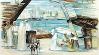 The work depicts a timeless maritime scene along the creek. Photo: Barjeel Art Foundation