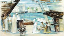 The work depicts a timeless maritime scene along the creek. Photo: Barjeel Art Foundation