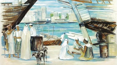 The work depicts a timeless maritime scene along the creek. Photo: Barjeel Art Foundation