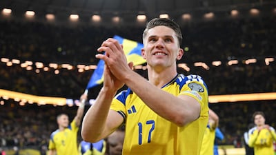 Sweden striker Viktor Gyokeres celebrates after his goal secured a 3-2 win over Poland in Solna to win their Uefa play-off final. AFP