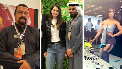 Celebrities at the Abu Dhabi F1: Steven Seagal, Lana Del Rey and Nomzamo Mbatha. Instagram, Twitter