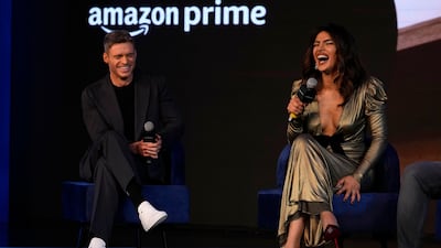 Actors Priyanka Chopra and Richard Madden speak at an event to introduce their coming show Citadel in Mumbai. AP